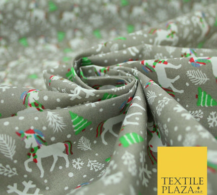 Christmas Unicorn Trees Snowflakes Printed Poly Cotton Fabric Polycotton 45"