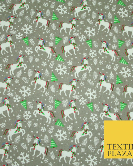 Christmas Unicorn Trees Snowflakes Printed Poly Cotton Fabric Polycotton 45"