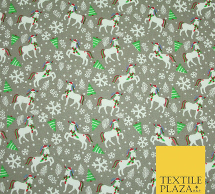 Christmas Unicorn Trees Snowflakes Printed Poly Cotton Fabric Polycotton 45"