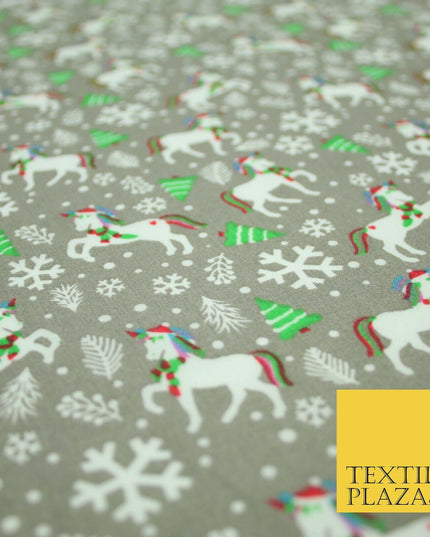 Christmas Unicorn Trees Snowflakes Printed Poly Cotton Fabric Polycotton 45"