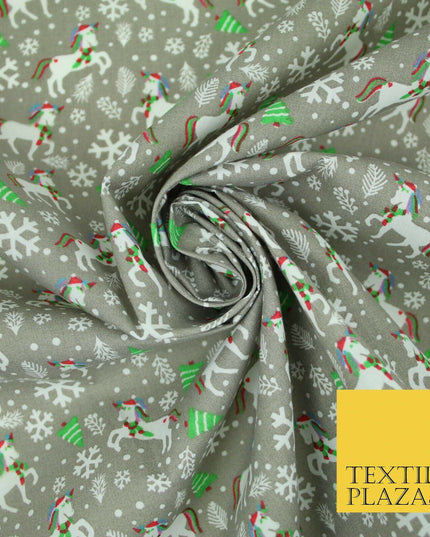 Christmas Unicorn Trees Snowflakes Printed Poly Cotton Fabric Polycotton 45"