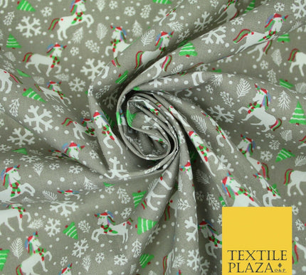 Christmas Unicorn Trees Snowflakes Printed Poly Cotton Fabric Polycotton 45"