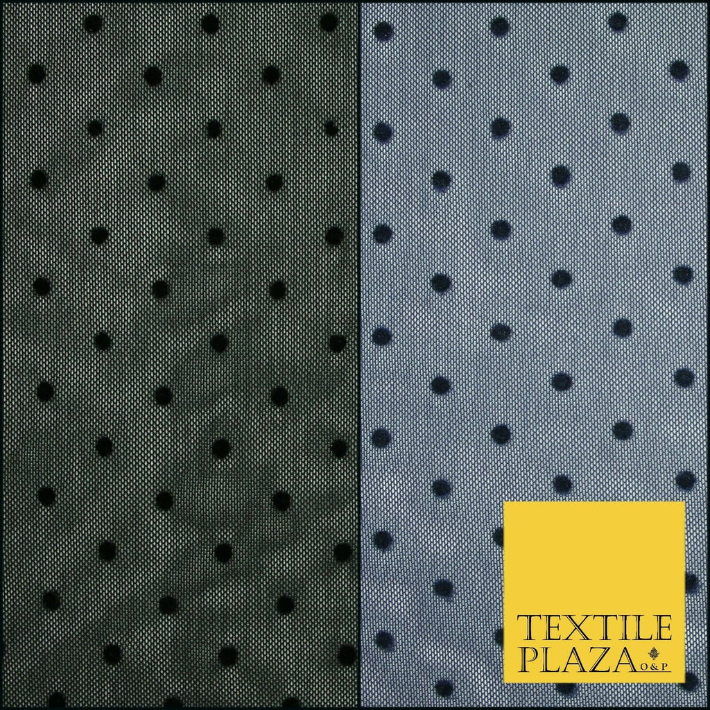 Black / Navy Blue 3mm Flocked Spot Polka Dot Power Mesh Net Stretch Dress Fabric