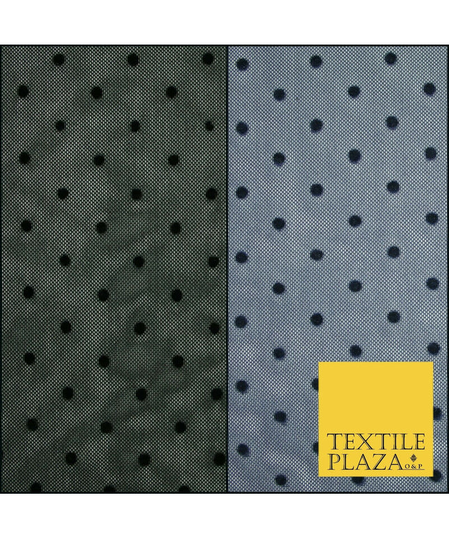 Black / Navy Blue 3mm Flocked Spot Polka Dot Power Mesh Net Stretch Dress Fabric