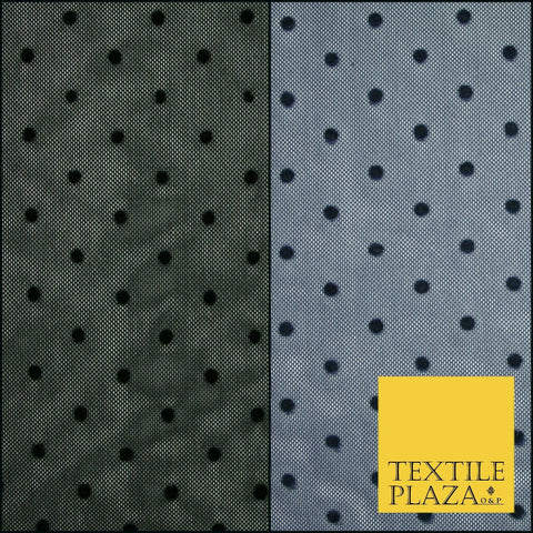 Black / Navy Blue 3mm Flocked Spot Polka Dot Power Mesh Net Stretch Dress Fabric