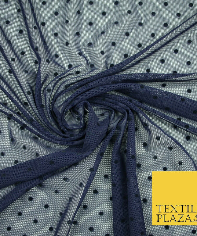 Black / Navy Blue 3mm Flocked Spot Polka Dot Power Mesh Net Stretch Dress Fabric