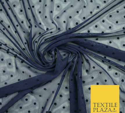Black / Navy Blue 3mm Flocked Spot Polka Dot Power Mesh Net Stretch Dress Fabric