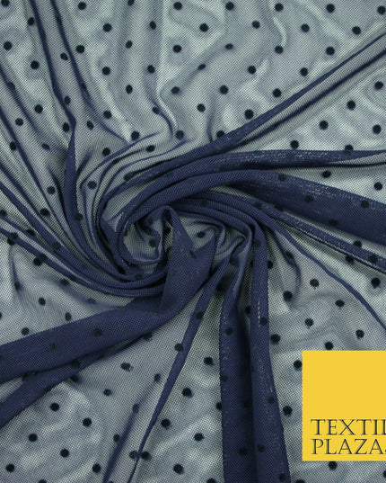 Black / Navy Blue 3mm Flocked Spot Polka Dot Power Mesh Net Stretch Dress Fabric