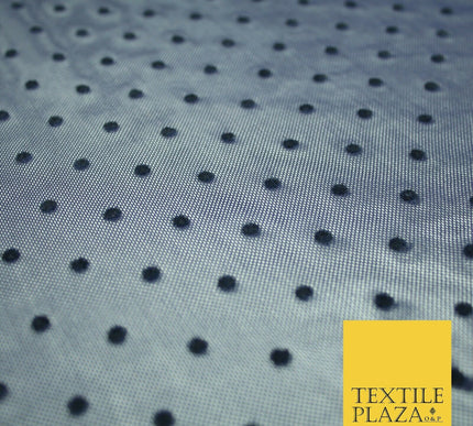 Black / Navy Blue 3mm Flocked Spot Polka Dot Power Mesh Net Stretch Dress Fabric