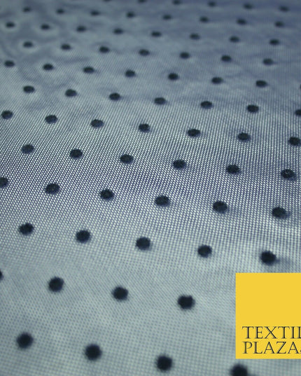 Black / Navy Blue 3mm Flocked Spot Polka Dot Power Mesh Net Stretch Dress Fabric