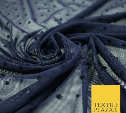 Black / Navy Blue 3mm Flocked Spot Polka Dot Power Mesh Net Stretch Dress Fabric