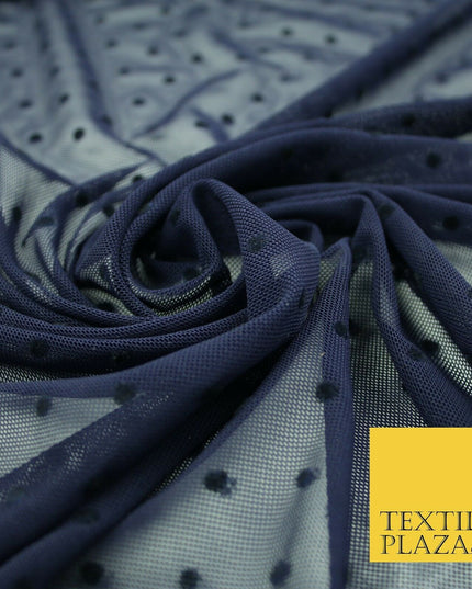 Black / Navy Blue 3mm Flocked Spot Polka Dot Power Mesh Net Stretch Dress Fabric