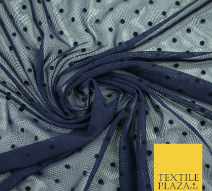 Black / Navy Blue 3mm Flocked Spot Polka Dot Power Mesh Net Stretch Dress Fabric