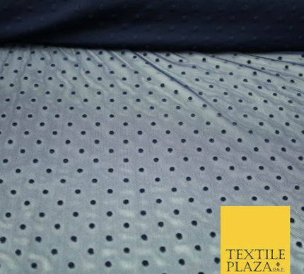 Black / Navy Blue 3mm Flocked Spot Polka Dot Power Mesh Net Stretch Dress Fabric