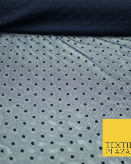 Black / Navy Blue 3mm Flocked Spot Polka Dot Power Mesh Net Stretch Dress Fabric
