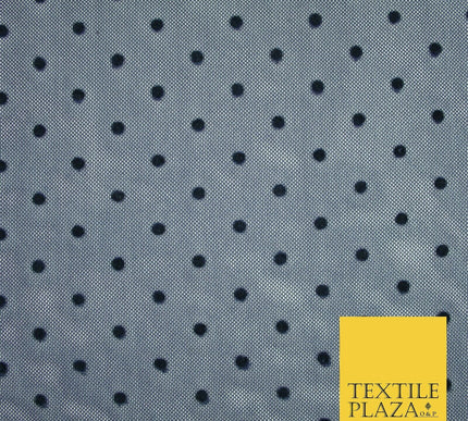 Black / Navy Blue 3mm Flocked Spot Polka Dot Power Mesh Net Stretch Dress Fabric