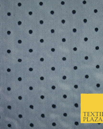 Black / Navy Blue 3mm Flocked Spot Polka Dot Power Mesh Net Stretch Dress Fabric