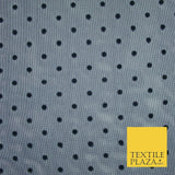 Black / Navy Blue 3mm Flocked Spot Polka Dot Power Mesh Net Stretch Dress Fabric