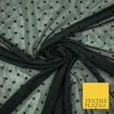 Black / Navy Blue 3mm Flocked Spot Polka Dot Power Mesh Net Stretch Dress Fabric