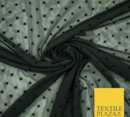 Black / Navy Blue 3mm Flocked Spot Polka Dot Power Mesh Net Stretch Dress Fabric