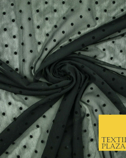 Black / Navy Blue 3mm Flocked Spot Polka Dot Power Mesh Net Stretch Dress Fabric