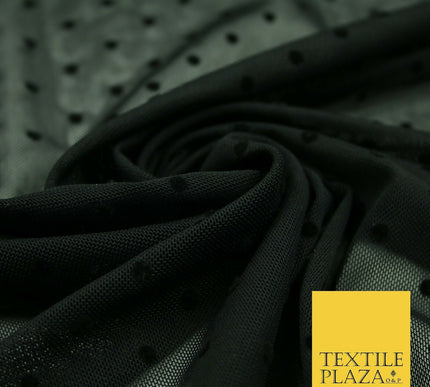 Black / Navy Blue 3mm Flocked Spot Polka Dot Power Mesh Net Stretch Dress Fabric