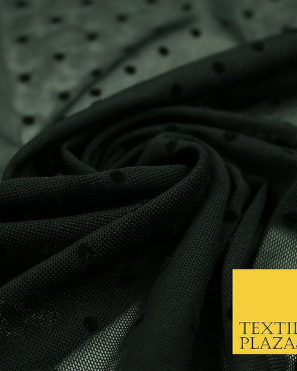 Black / Navy Blue 3mm Flocked Spot Polka Dot Power Mesh Net Stretch Dress Fabric
