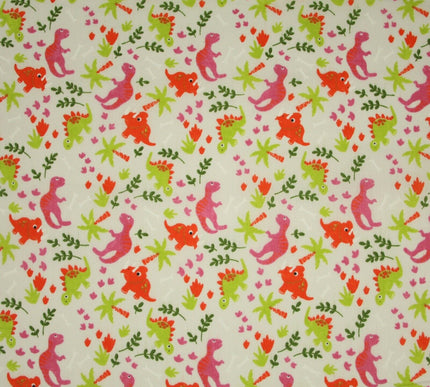 White Colourful Dinosaur Dino Printed Poly Cotton Fabric Polycotton Mask 45"3790