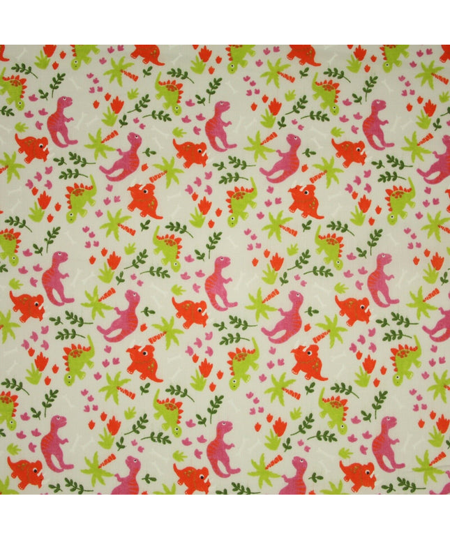 White Colourful Dinosaur Dino Printed Poly Cotton Fabric Polycotton Mask 45"3790