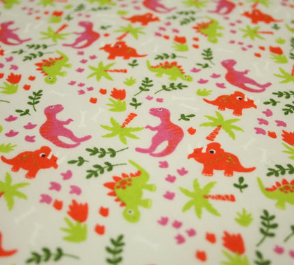 White Colourful Dinosaur Dino Printed Poly Cotton Fabric Polycotton Mask 45"3790