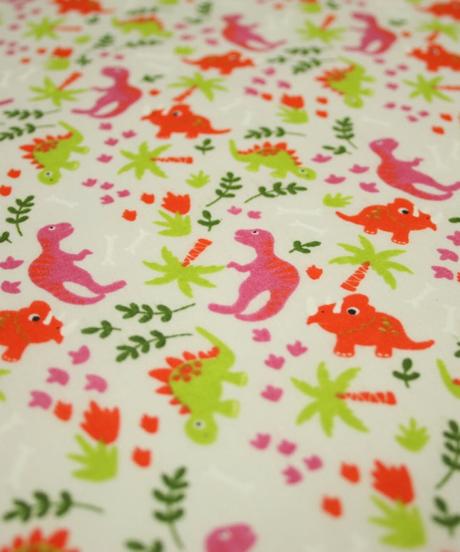 White Colourful Dinosaur Dino Printed Poly Cotton Fabric Polycotton Mask 45"3790