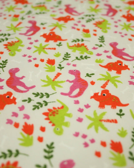 White Colourful Dinosaur Dino Printed Poly Cotton Fabric Polycotton Mask 45"3790