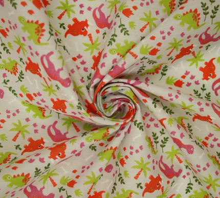 White Colourful Dinosaur Dino Printed Poly Cotton Fabric Polycotton Mask 45"3790