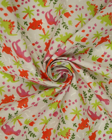 White Colourful Dinosaur Dino Printed Poly Cotton Fabric Polycotton Mask 45"3790