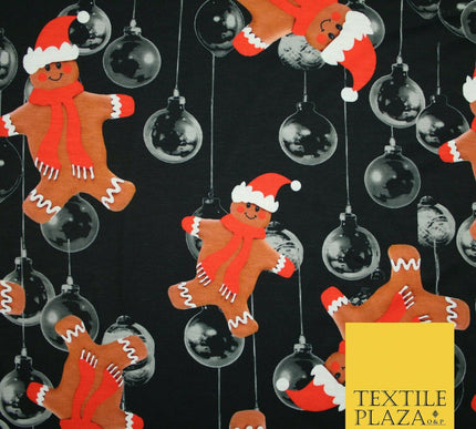 Black Falling Festive Gingerbread Men Bauble Christmas Stretch Jersey Fabric4776