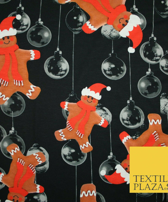 Black Falling Festive Gingerbread Men Bauble Christmas Stretch Jersey Fabric4776