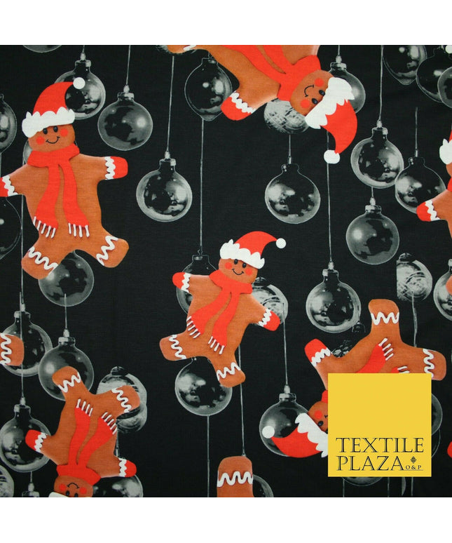 Black Falling Festive Gingerbread Men Bauble Christmas Stretch Jersey Fabric4776