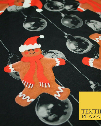 Black Falling Festive Gingerbread Men Bauble Christmas Stretch Jersey Fabric4776