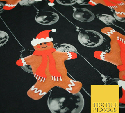 Black Falling Festive Gingerbread Men Bauble Christmas Stretch Jersey Fabric4776