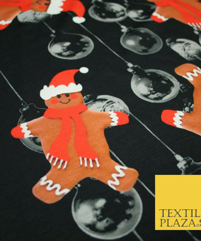 Black Falling Festive Gingerbread Men Bauble Christmas Stretch Jersey Fabric4776