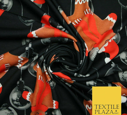 Black Falling Festive Gingerbread Men Bauble Christmas Stretch Jersey Fabric4776
