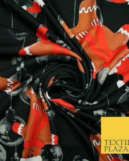 Black Falling Festive Gingerbread Men Bauble Christmas Stretch Jersey Fabric4776