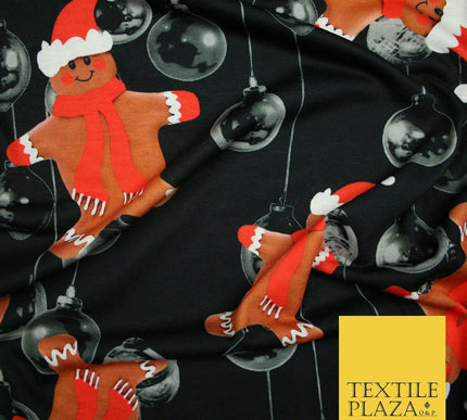 Black Falling Festive Gingerbread Men Bauble Christmas Stretch Jersey Fabric4776