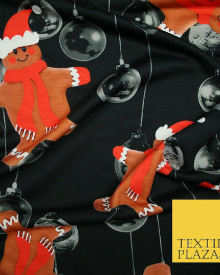 Black Falling Festive Gingerbread Men Bauble Christmas Stretch Jersey Fabric4776