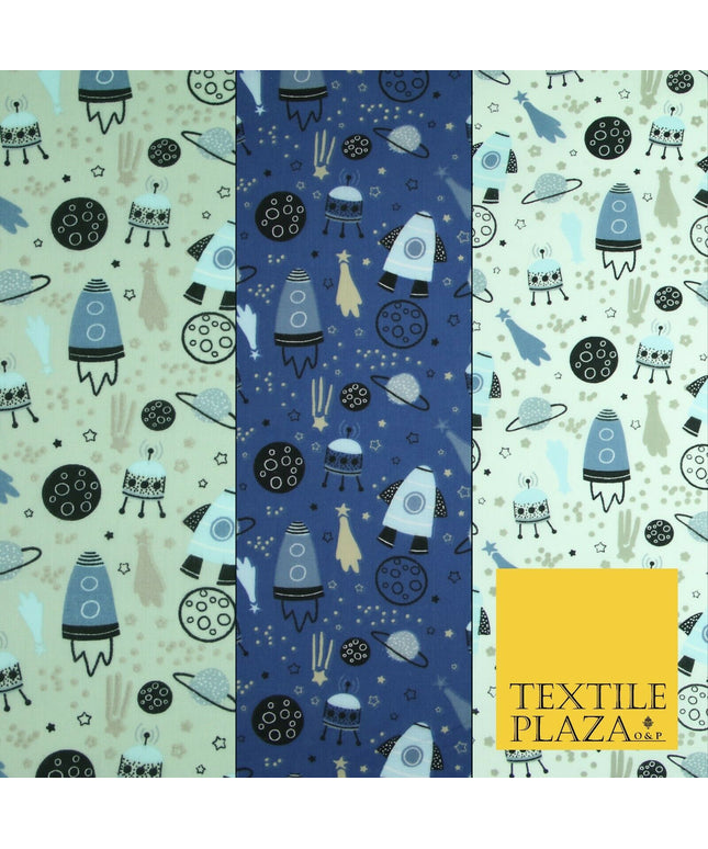 Rockets Space Shooting Stars Planets Printed Poly Cotton Fabric Polycotton 44"