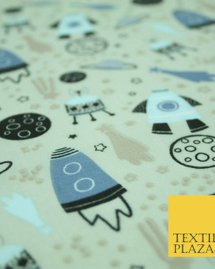 Rockets Space Shooting Stars Planets Printed Poly Cotton Fabric Polycotton 44"