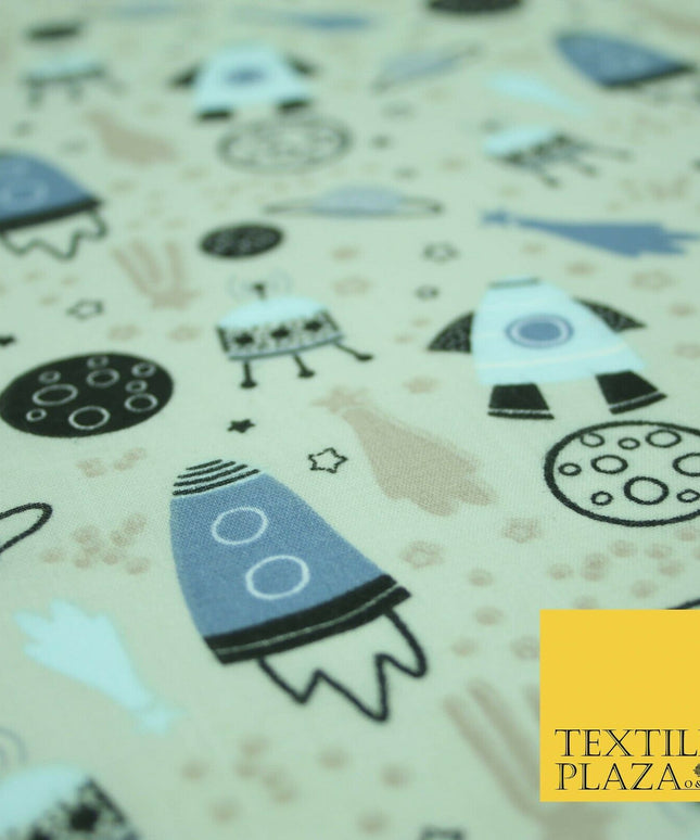 Rockets Space Shooting Stars Planets Printed Poly Cotton Fabric Polycotton 44"