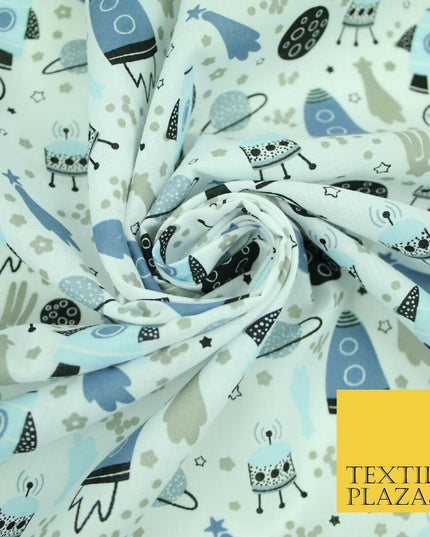 Rockets Space Shooting Stars Planets Printed Poly Cotton Fabric Polycotton 44"