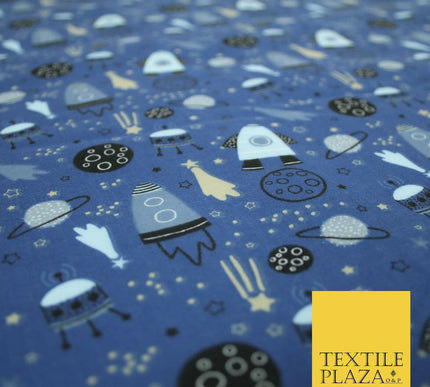 Rockets Space Shooting Stars Planets Printed Poly Cotton Fabric Polycotton 44"