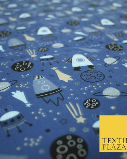 Rockets Space Shooting Stars Planets Printed Poly Cotton Fabric Polycotton 44"